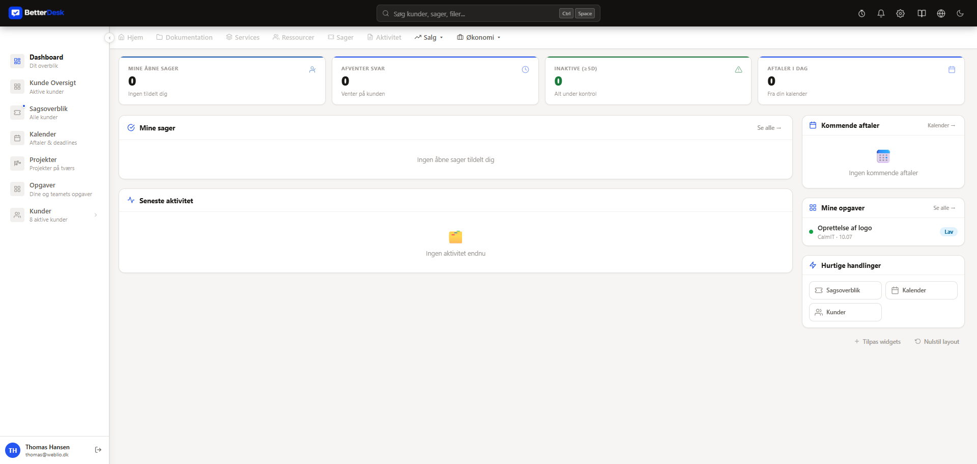Dashboard i BetterDesk med en widget der viser åbne opgaver med prioritet og forfaldsdato
