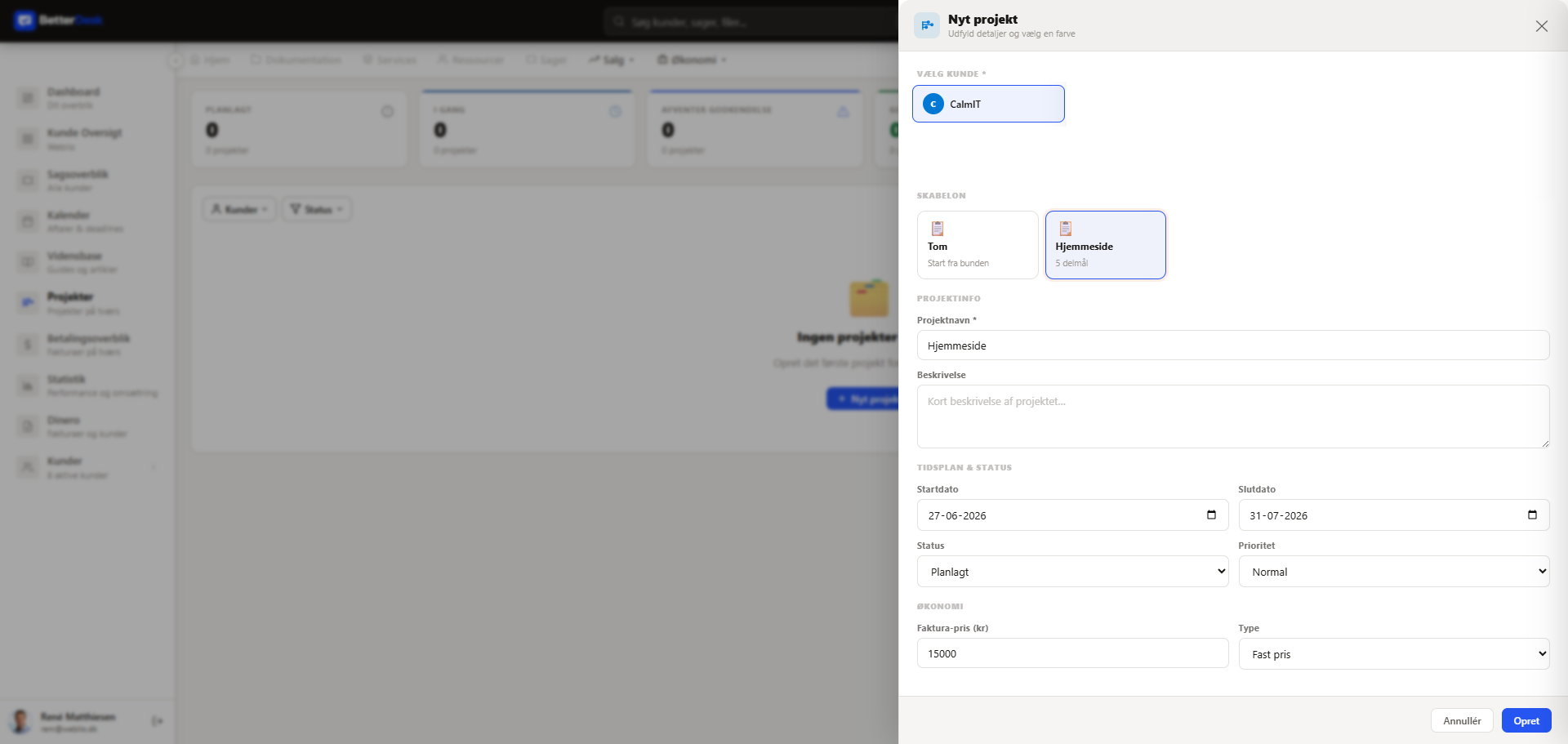 Oprettelse af et nyt projekt i BetterDesk med kunde, skabelon, tidsplan og pris
